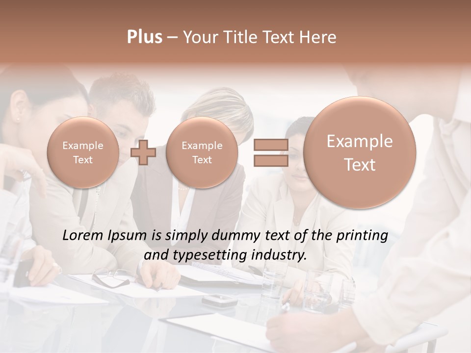 Businessman Leaning On Desk, Explaining To Four Colleagues Sitting. PowerPoint Template