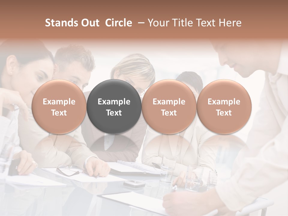 Businessman Leaning On Desk, Explaining To Four Colleagues Sitting. PowerPoint Template