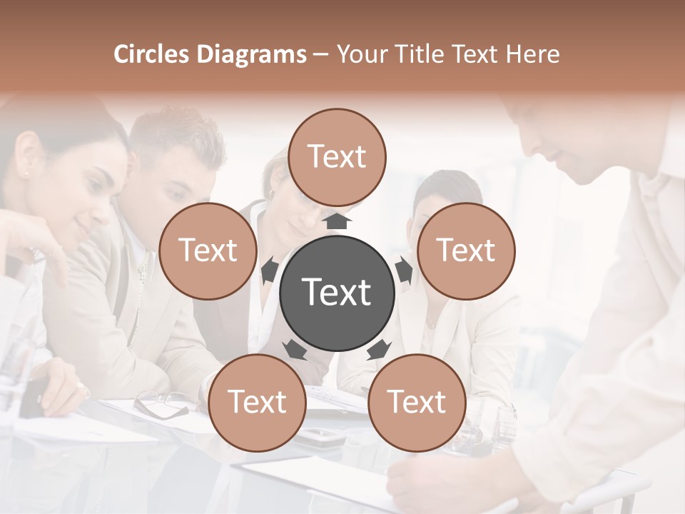 Businessman Leaning On Desk, Explaining To Four Colleagues Sitting. PowerPoint Template
