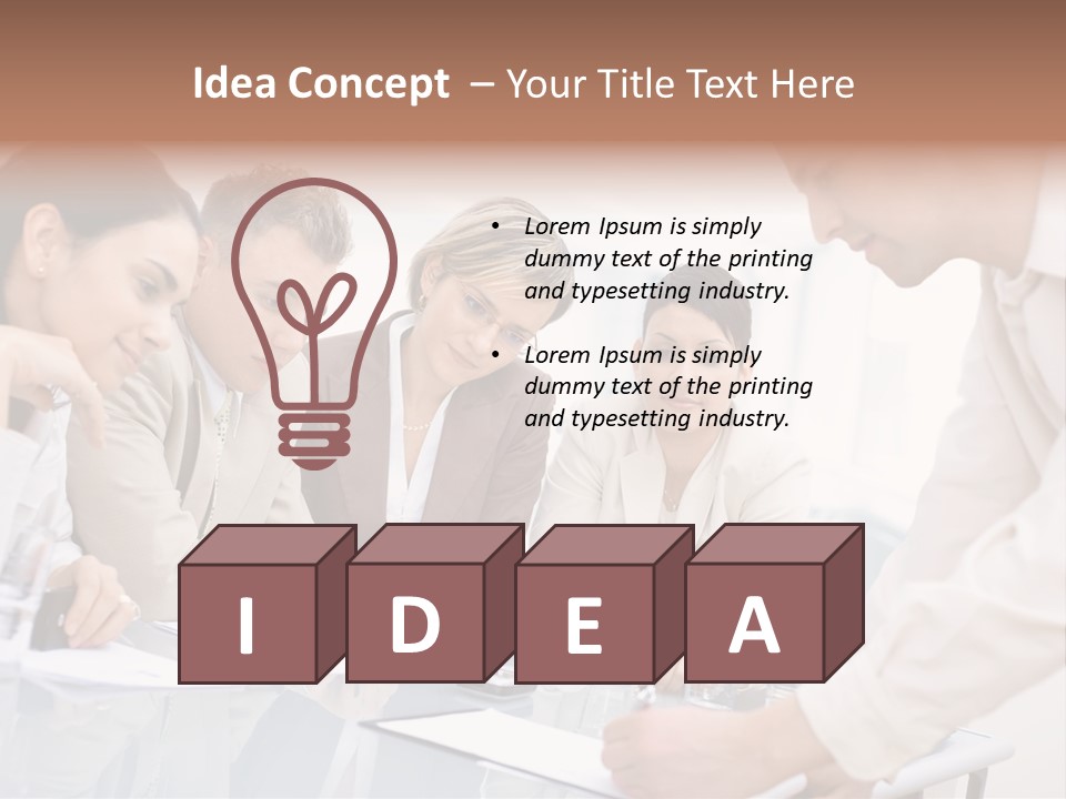 Businessman Leaning On Desk, Explaining To Four Colleagues Sitting. PowerPoint Template