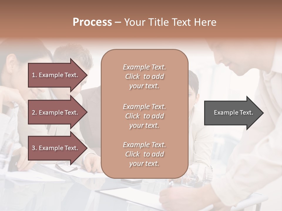 Businessman Leaning On Desk, Explaining To Four Colleagues Sitting. PowerPoint Template