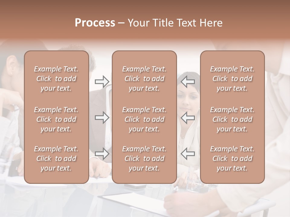 Businessman Leaning On Desk, Explaining To Four Colleagues Sitting. PowerPoint Template