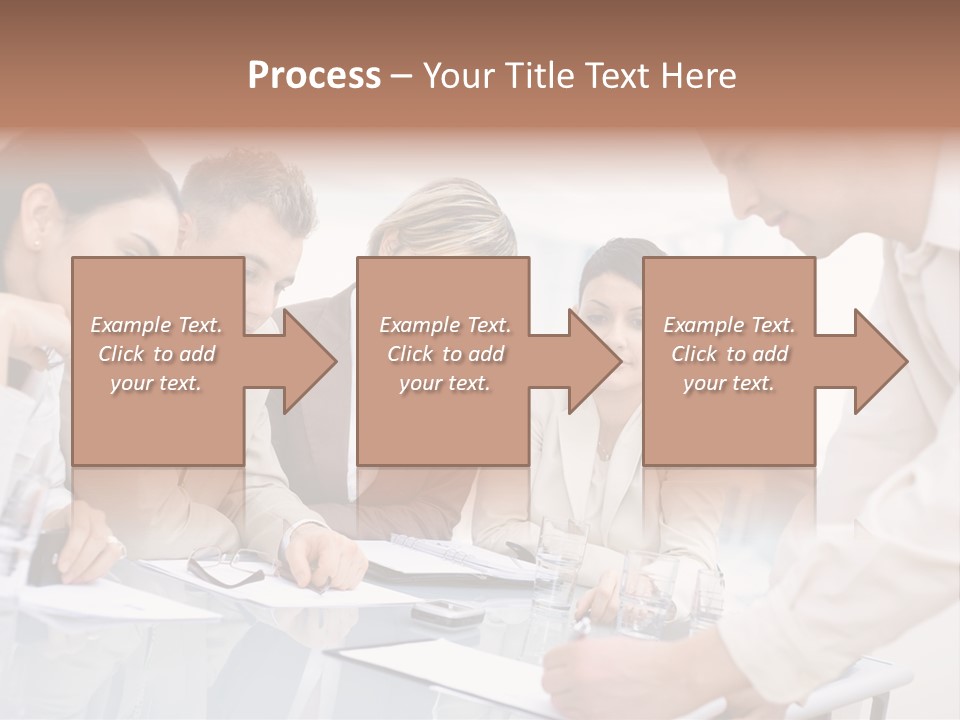 Businessman Leaning On Desk, Explaining To Four Colleagues Sitting. PowerPoint Template