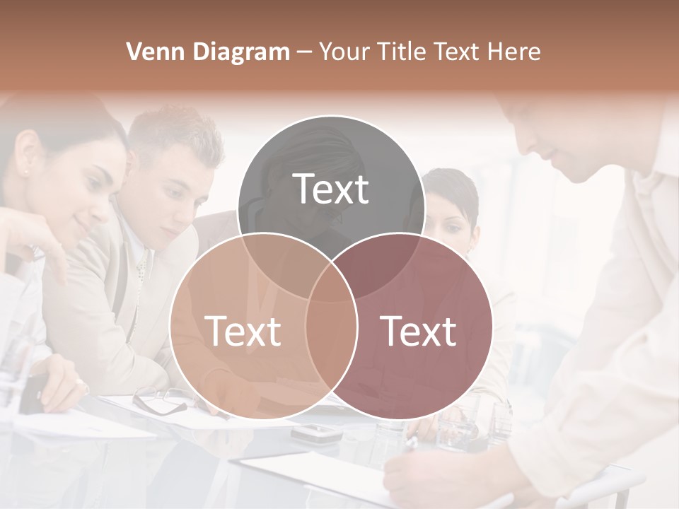 Businessman Leaning On Desk, Explaining To Four Colleagues Sitting. PowerPoint Template