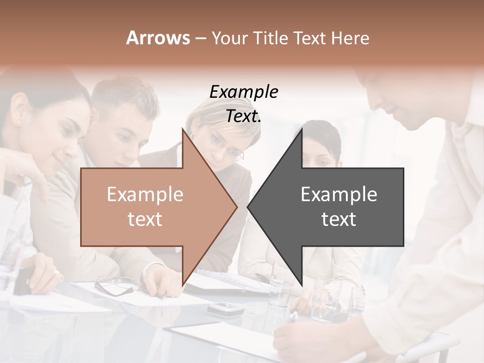 Businessman Leaning On Desk, Explaining To Four Colleagues Sitting. PowerPoint Template