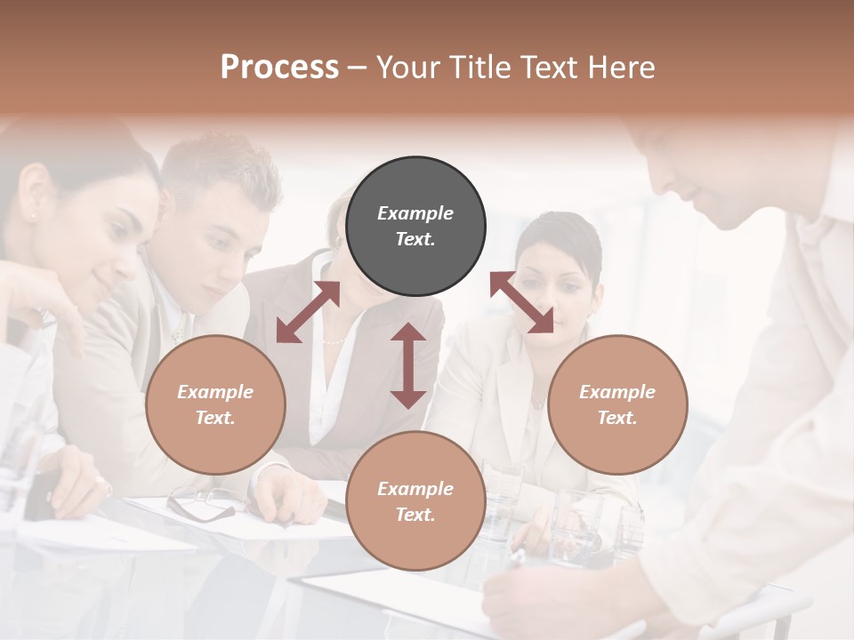 Businessman Leaning On Desk, Explaining To Four Colleagues Sitting. PowerPoint Template