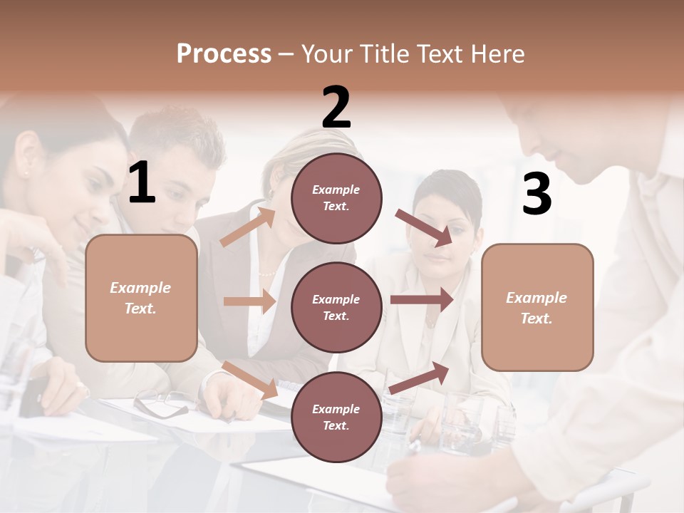 Businessman Leaning On Desk, Explaining To Four Colleagues Sitting. PowerPoint Template