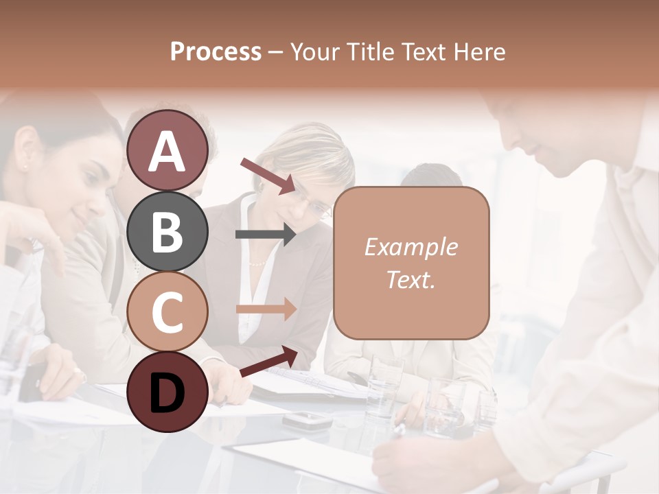 Businessman Leaning On Desk, Explaining To Four Colleagues Sitting. PowerPoint Template
