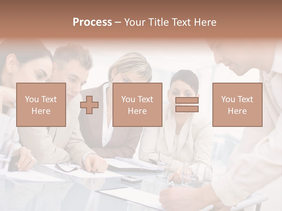 Businessman Leaning On Desk, Explaining To Four Colleagues Sitting. PowerPoint Template