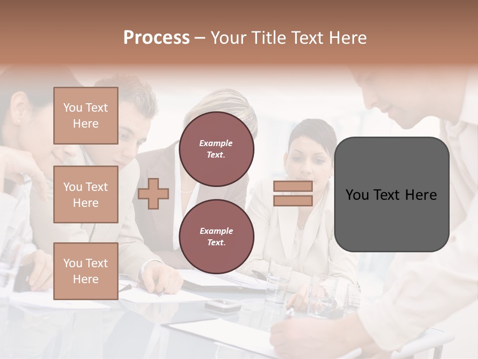 Businessman Leaning On Desk, Explaining To Four Colleagues Sitting. PowerPoint Template