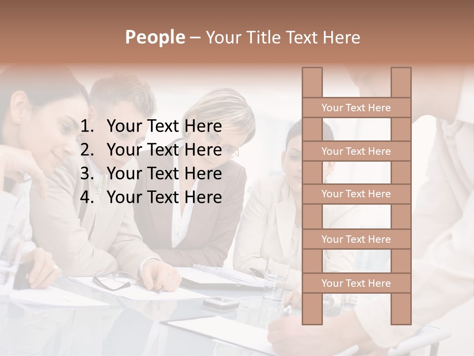Businessman Leaning On Desk, Explaining To Four Colleagues Sitting. PowerPoint Template