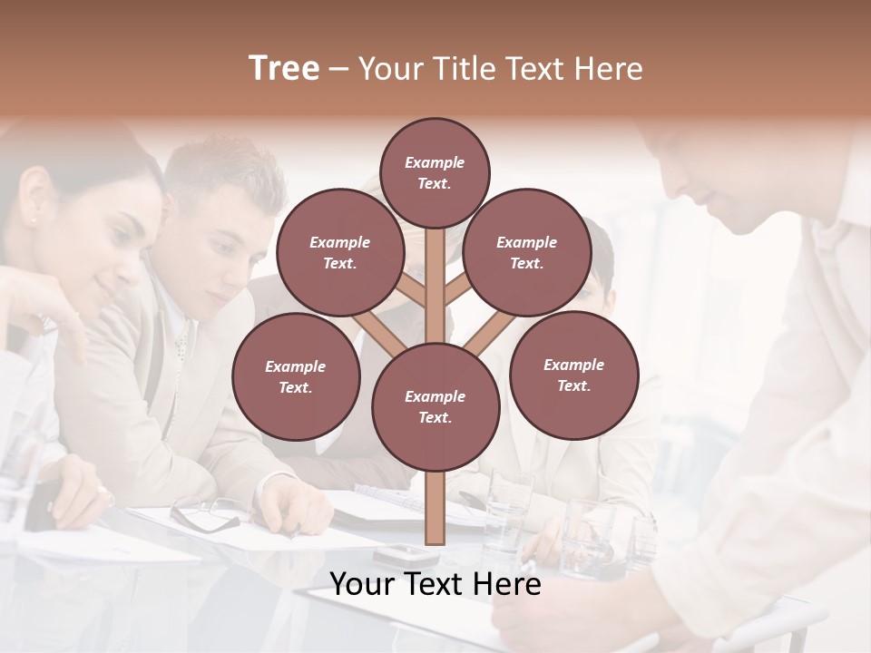Businessman Leaning On Desk, Explaining To Four Colleagues Sitting. PowerPoint Template