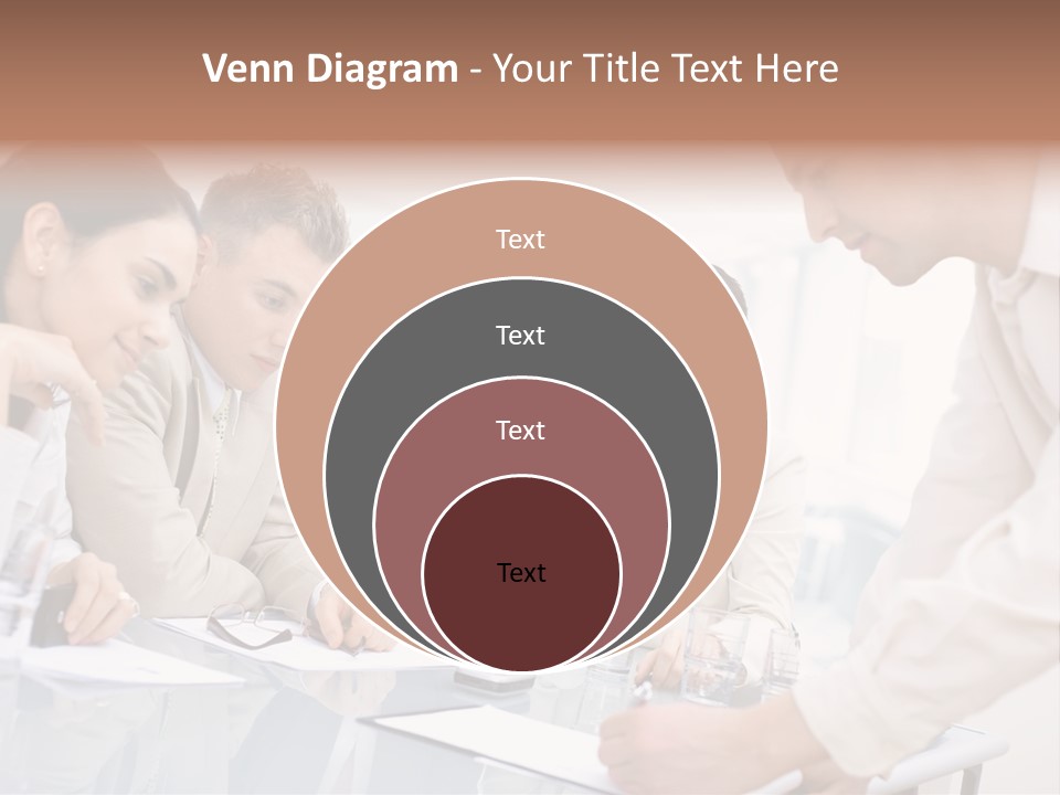 Businessman Leaning On Desk, Explaining To Four Colleagues Sitting. PowerPoint Template