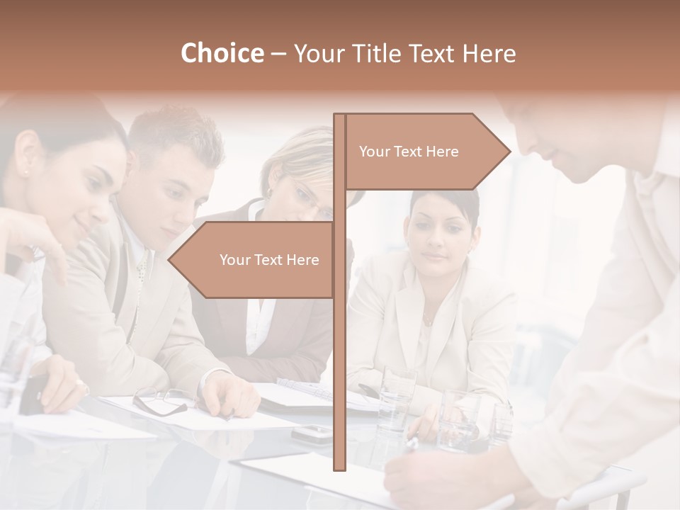 Businessman Leaning On Desk, Explaining To Four Colleagues Sitting. PowerPoint Template