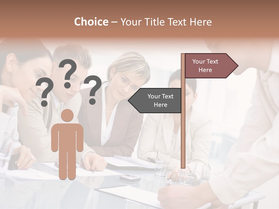 Businessman Leaning On Desk, Explaining To Four Colleagues Sitting. PowerPoint Template