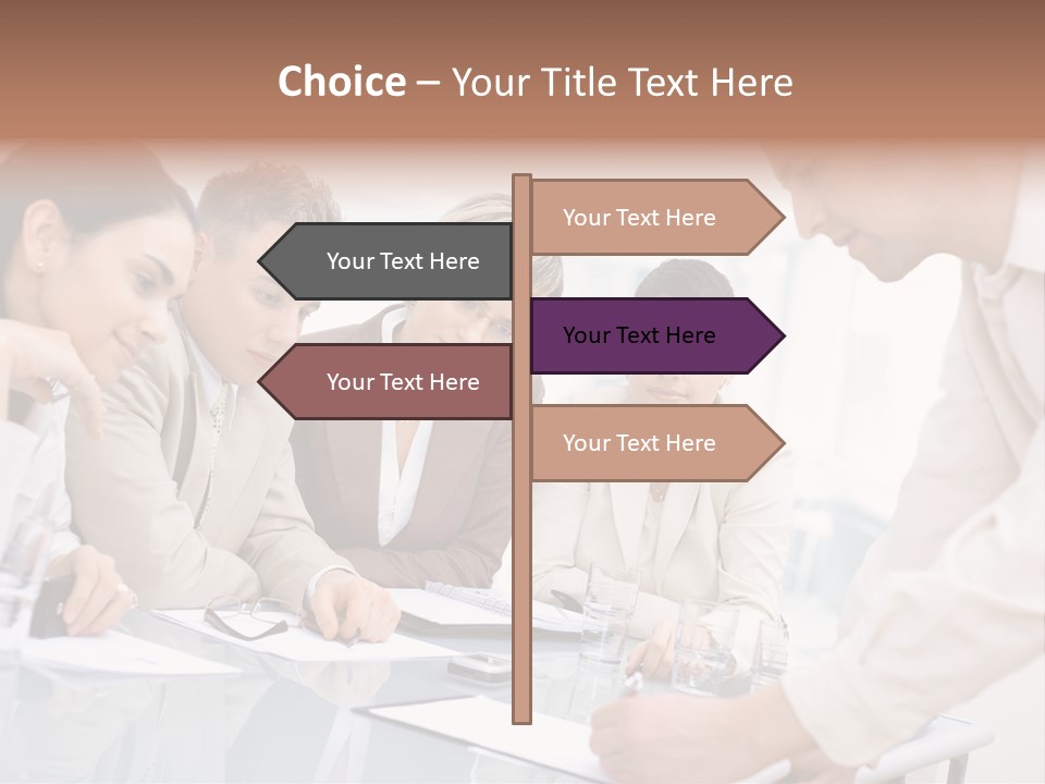 Businessman Leaning On Desk, Explaining To Four Colleagues Sitting. PowerPoint Template