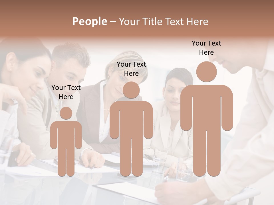 Businessman Leaning On Desk, Explaining To Four Colleagues Sitting. PowerPoint Template