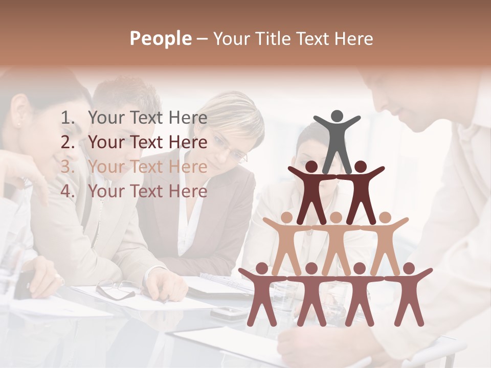 Businessman Leaning On Desk, Explaining To Four Colleagues Sitting. PowerPoint Template