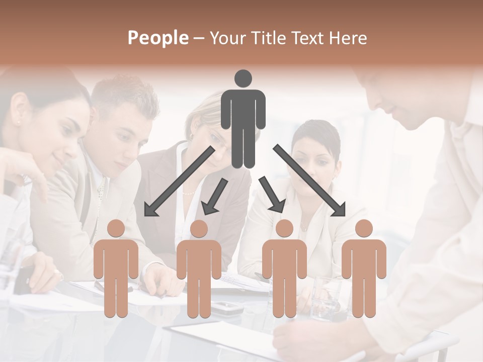 Businessman Leaning On Desk, Explaining To Four Colleagues Sitting. PowerPoint Template