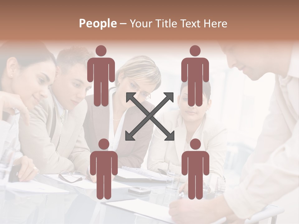 Businessman Leaning On Desk, Explaining To Four Colleagues Sitting. PowerPoint Template