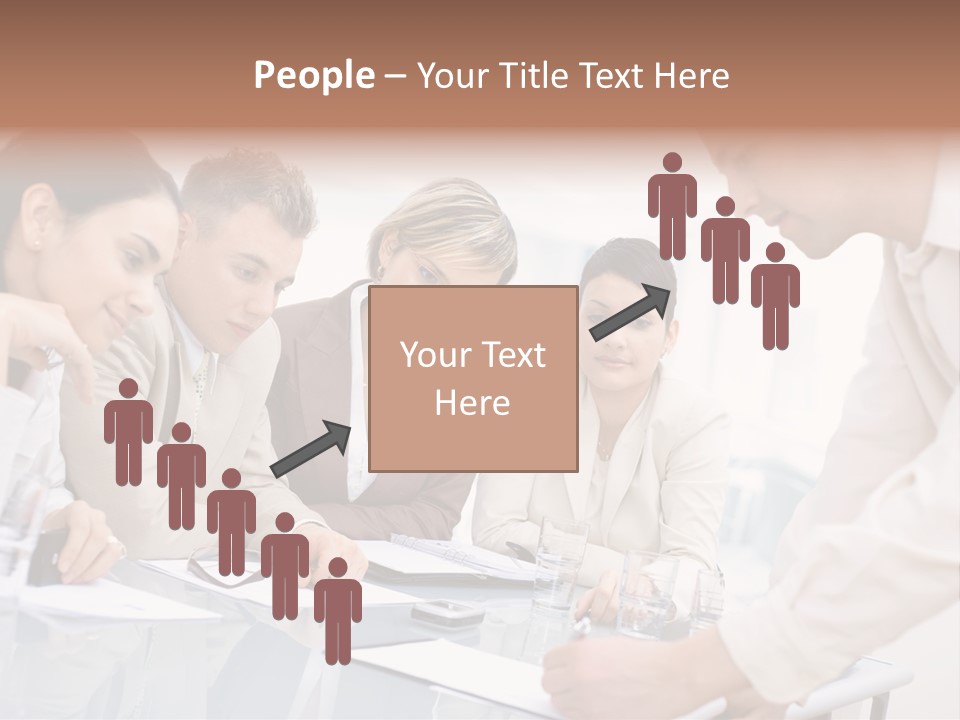 Businessman Leaning On Desk, Explaining To Four Colleagues Sitting. PowerPoint Template