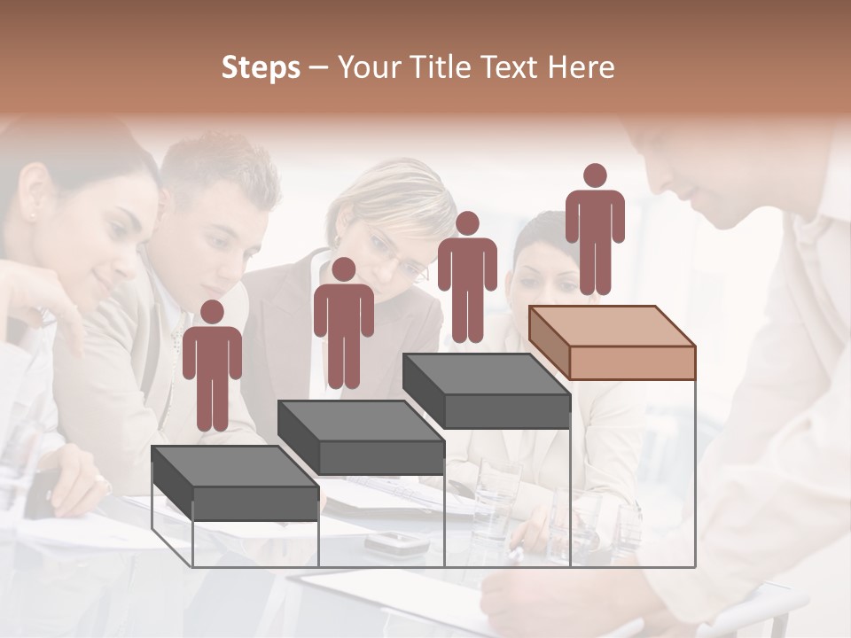 Businessman Leaning On Desk, Explaining To Four Colleagues Sitting. PowerPoint Template
