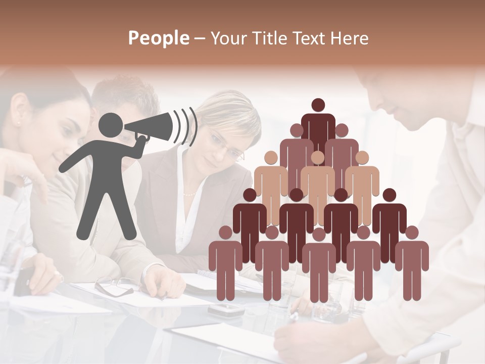 Businessman Leaning On Desk, Explaining To Four Colleagues Sitting. PowerPoint Template