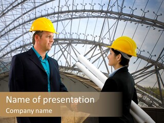 Young Architects Wearing A Protective Helmet Shaking Hands Indoor. PowerPoint Template