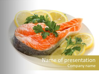Red Salmon With Lemon And Parsley On Plate Isolated On White Background PowerPoint Template