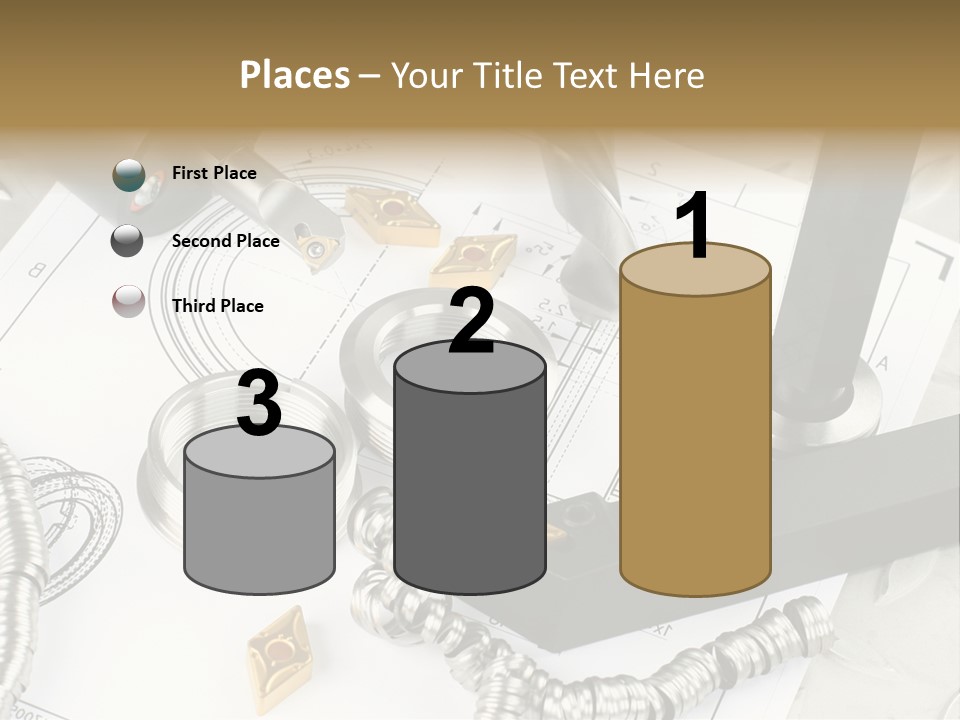 Lathe Tool, Drill And Workpiece Laid On The Blueprint PowerPoint Template