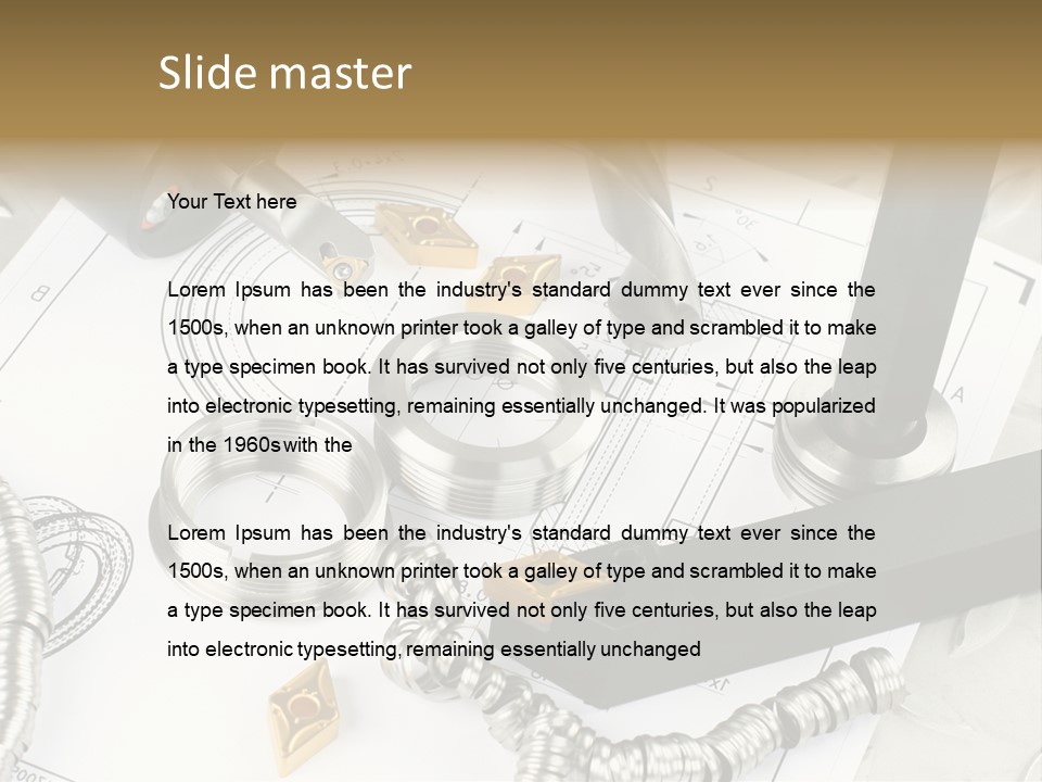 Lathe Tool, Drill And Workpiece Laid On The Blueprint PowerPoint Template