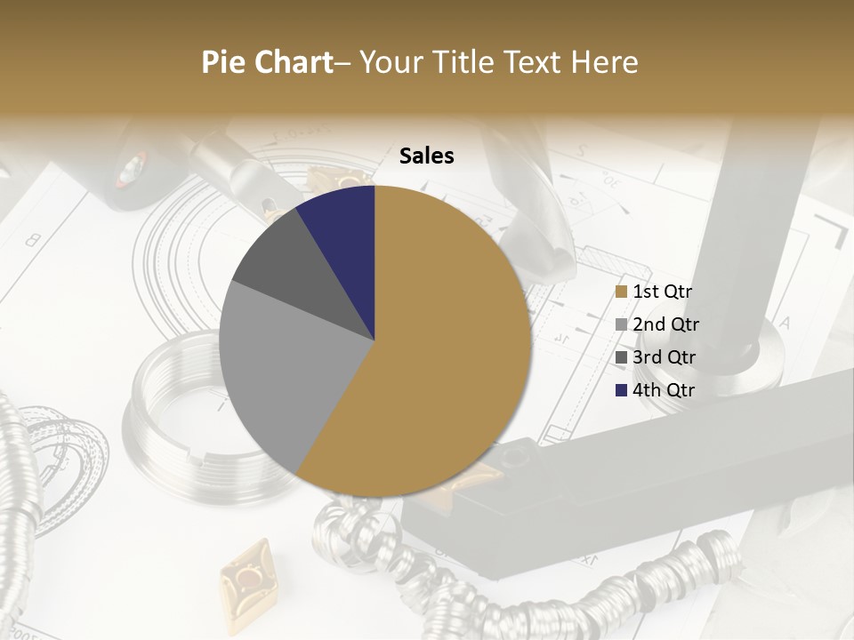Lathe Tool, Drill And Workpiece Laid On The Blueprint PowerPoint Template