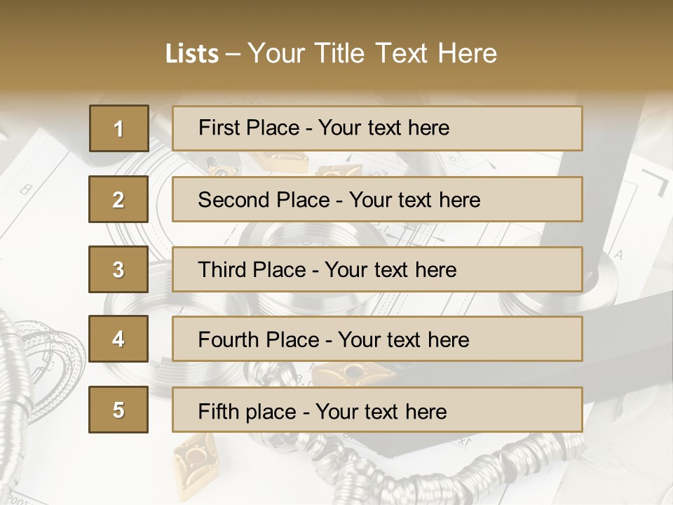 Lathe Tool, Drill And Workpiece Laid On The Blueprint PowerPoint Template