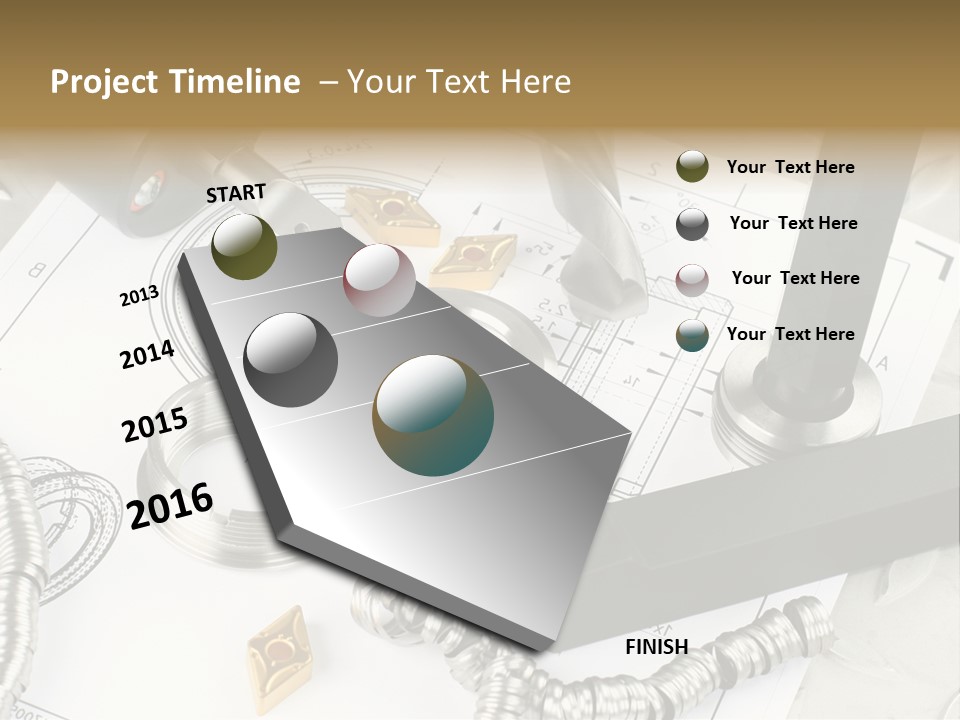 Lathe Tool, Drill And Workpiece Laid On The Blueprint PowerPoint Template