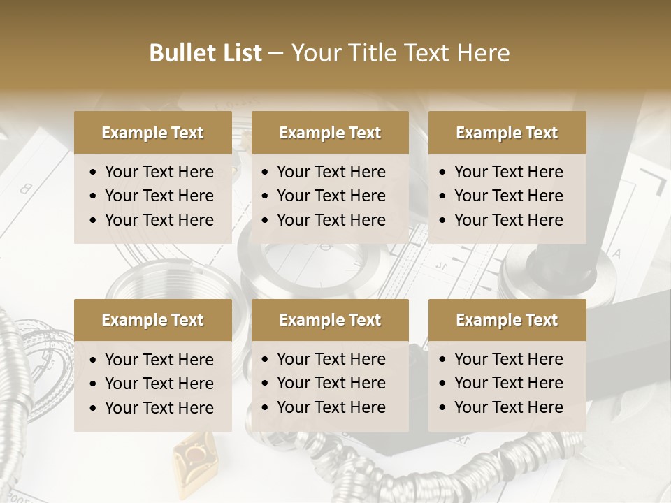 Lathe Tool, Drill And Workpiece Laid On The Blueprint PowerPoint Template