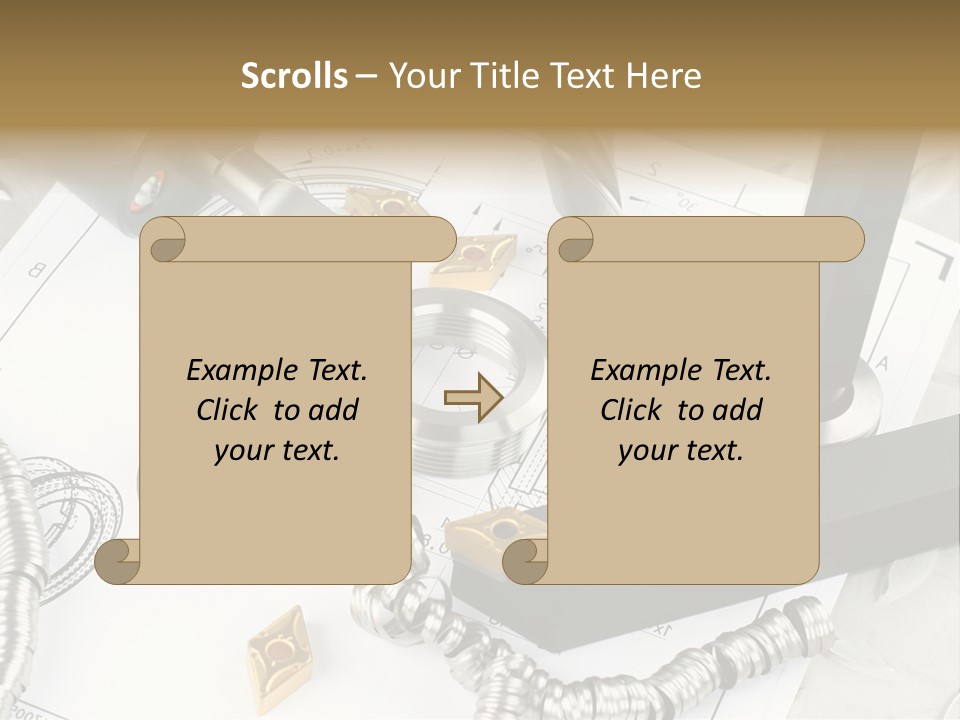 Lathe Tool, Drill And Workpiece Laid On The Blueprint PowerPoint Template