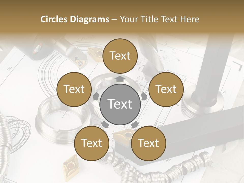 Lathe Tool, Drill And Workpiece Laid On The Blueprint PowerPoint Template