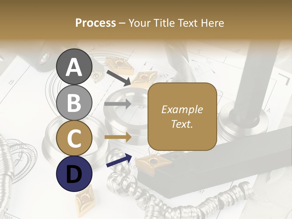 Lathe Tool, Drill And Workpiece Laid On The Blueprint PowerPoint Template