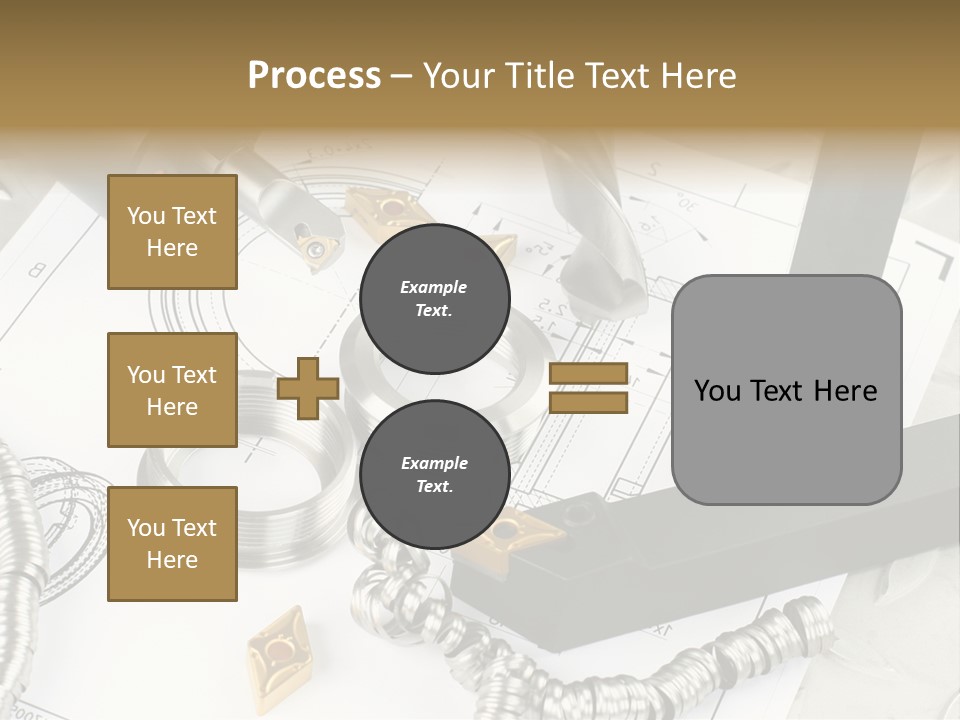 Lathe Tool, Drill And Workpiece Laid On The Blueprint PowerPoint Template