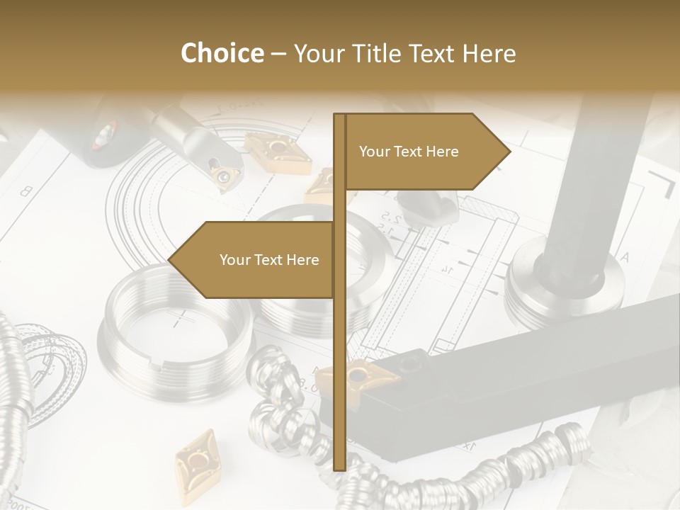 Lathe Tool, Drill And Workpiece Laid On The Blueprint PowerPoint Template