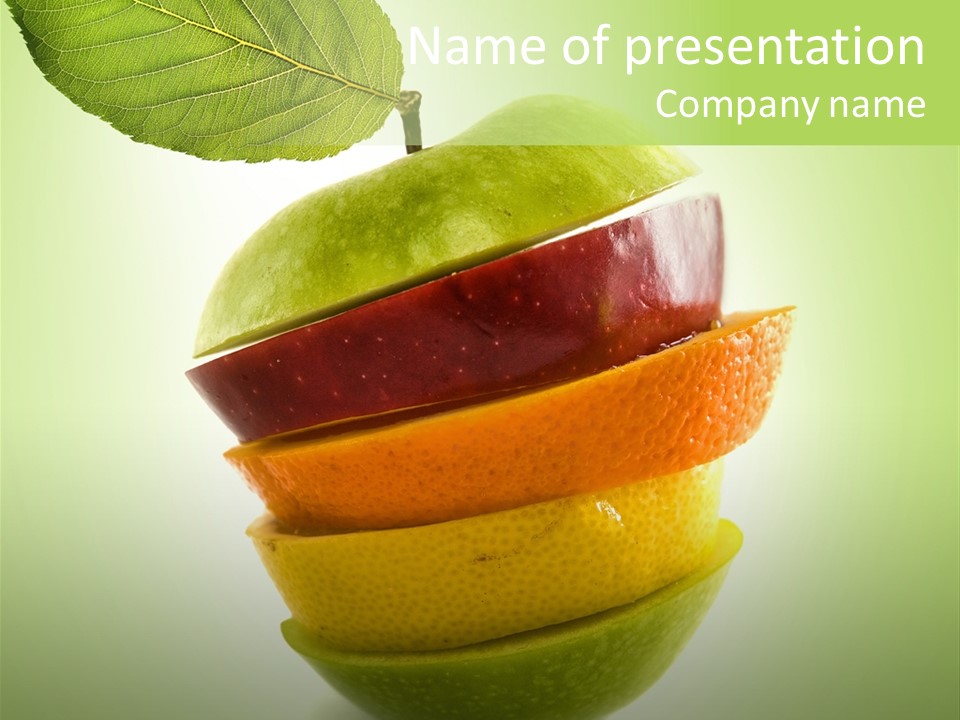 Composition Made From Pieces Of Apple,Lemon And Orange On Isolated Green Background PowerPoint Template