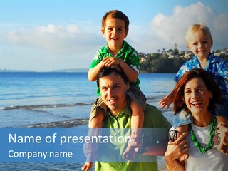 Beautiful Young Family Playing At The Beach In The Morning Sun... PowerPoint Template