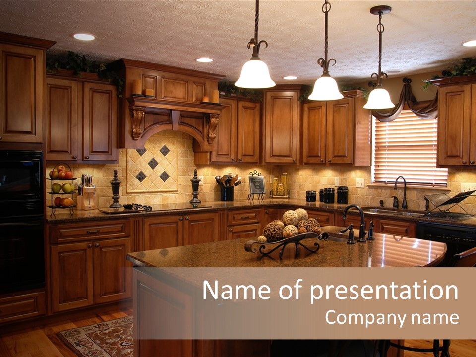 A Large Kitchen With A Center Island In The Middle Of It PowerPoint Template