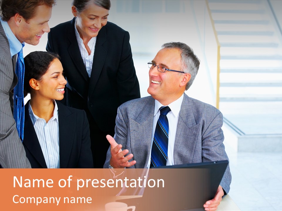 A Group Of Business People Standing Around A Laptop PowerPoint Template