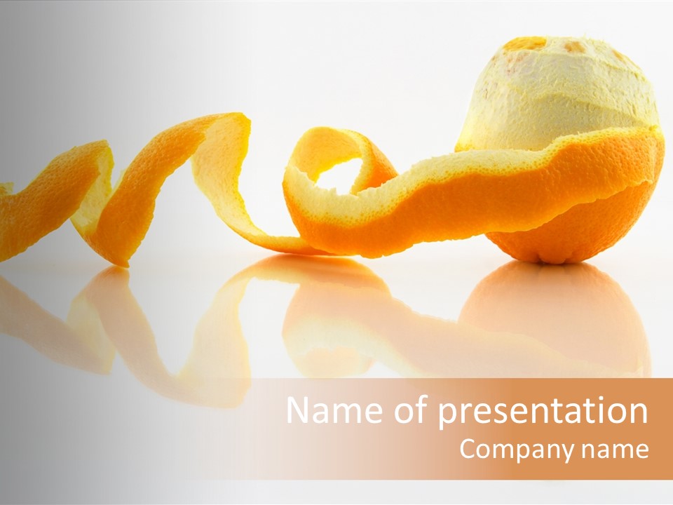 Orange With Peeled Skin Reflecting In Glass Surface. PowerPoint Template