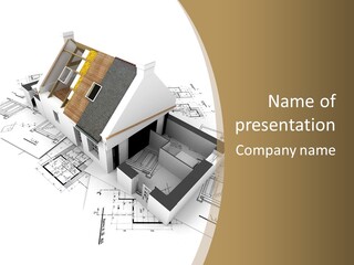 House With Exposed Roof Layers On Top Of Architect Blueprints. PowerPoint Template