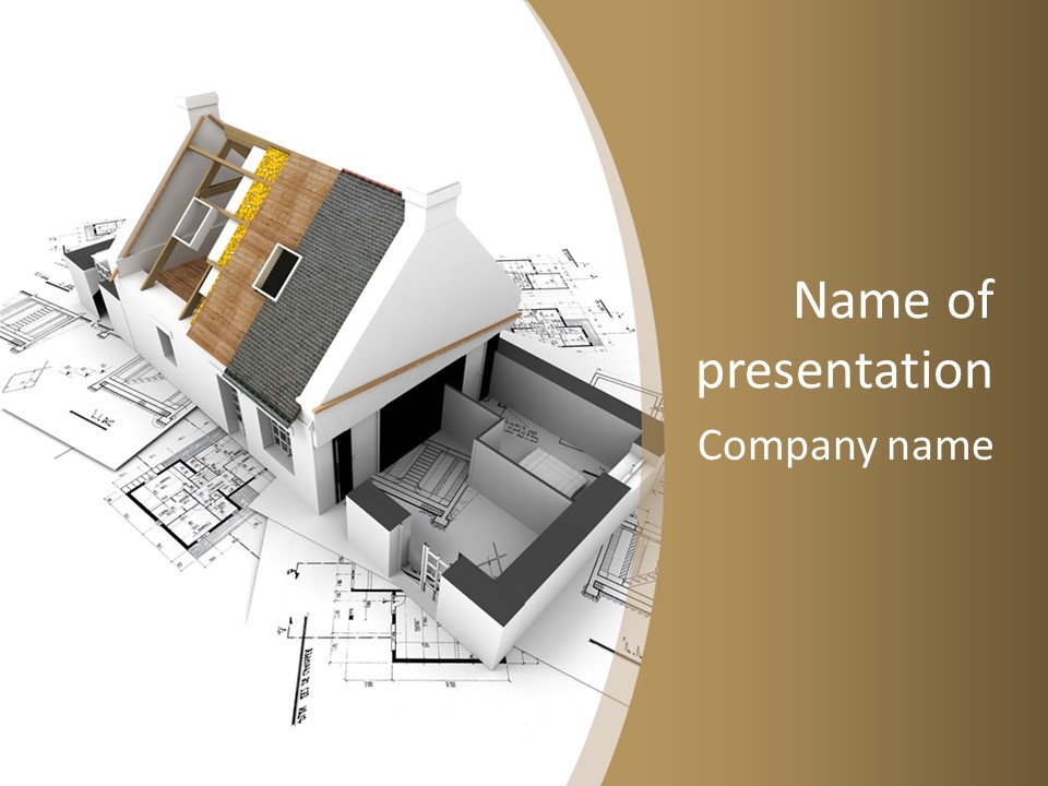 House With Exposed Roof Layers On Top Of Architect Blueprints. PowerPoint Template
