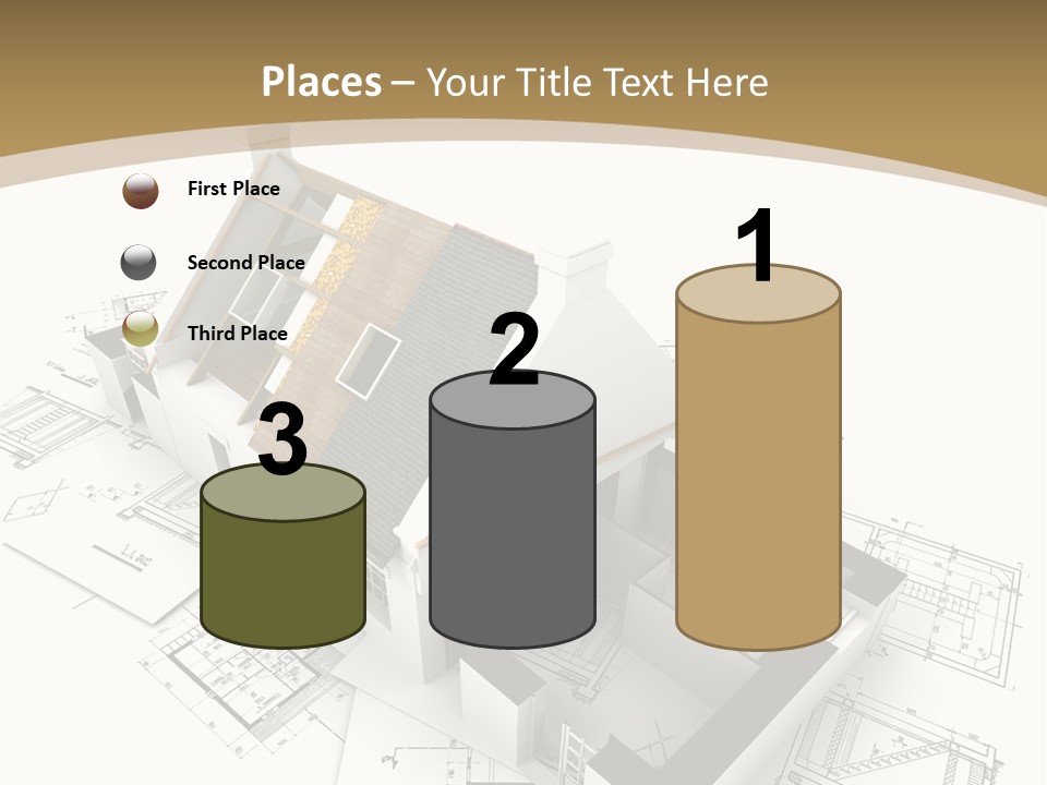 House With Exposed Roof Layers On Top Of Architect Blueprints. PowerPoint Template