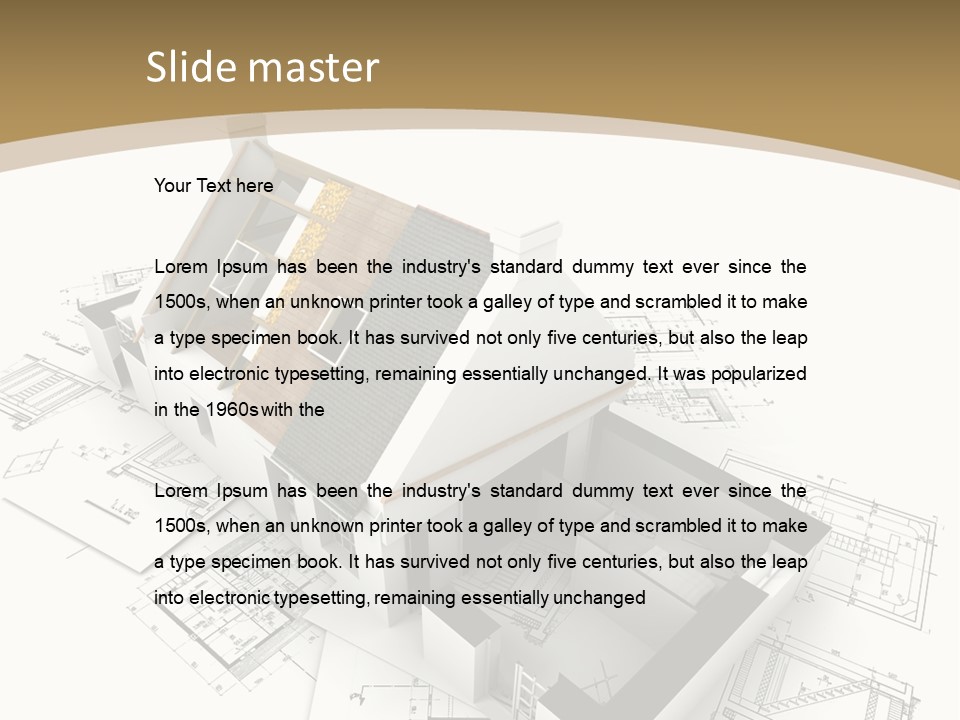 House With Exposed Roof Layers On Top Of Architect Blueprints. PowerPoint Template