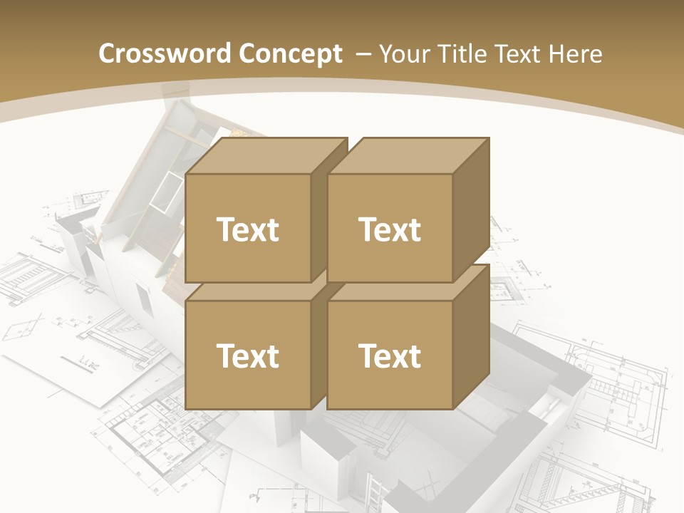House With Exposed Roof Layers On Top Of Architect Blueprints. PowerPoint Template